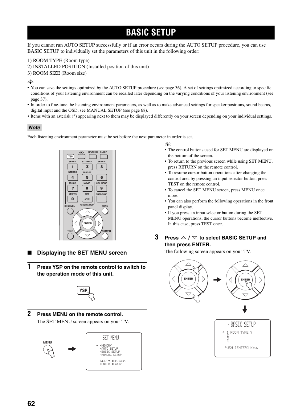 Advanced operation, Basic setup, Set menu | Displaying the set menu screen | Yamaha YSP-1000 User Manual | Page 66 / 106