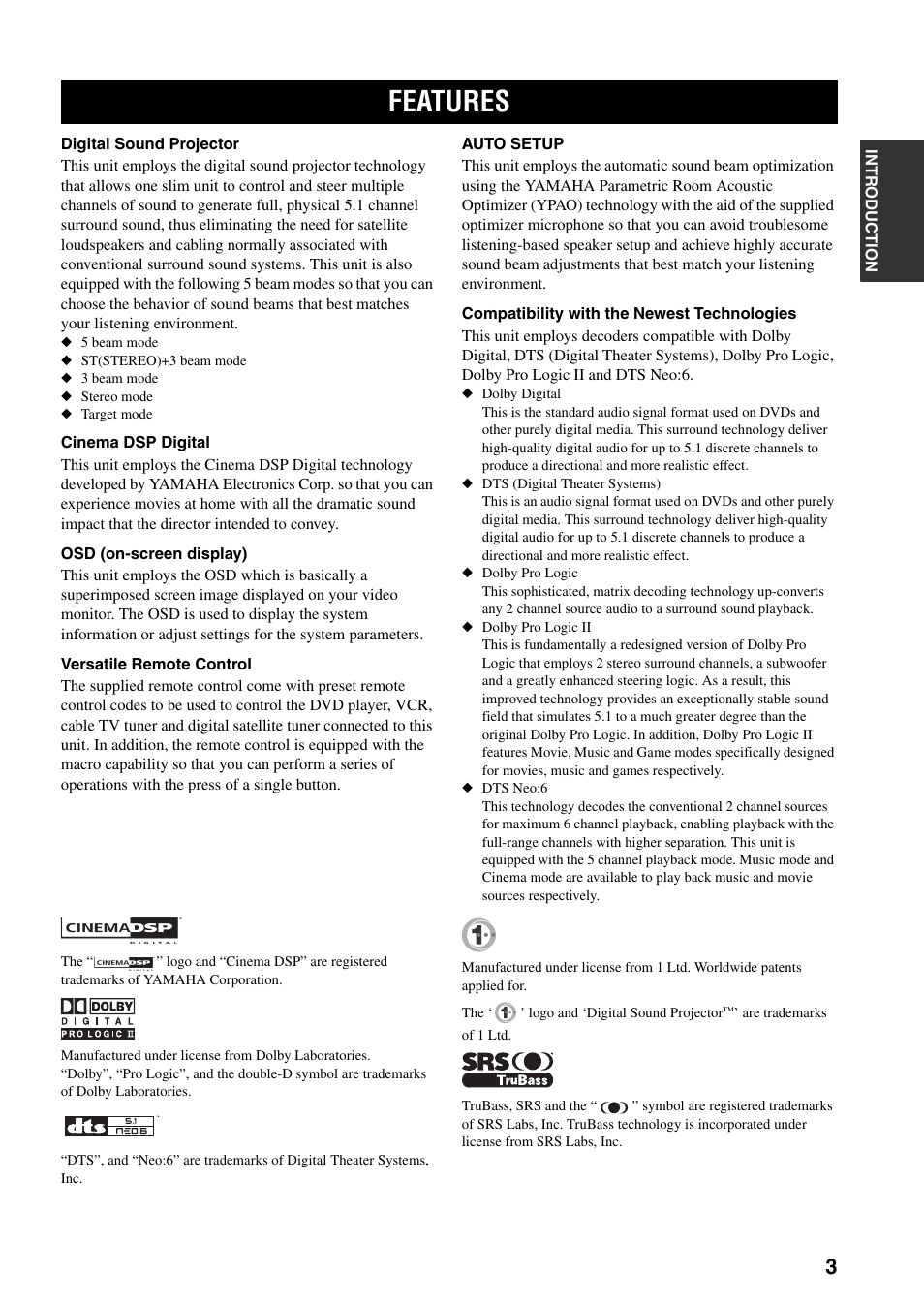 Features | Yamaha YSP-1000 User Manual | Page 7 / 106