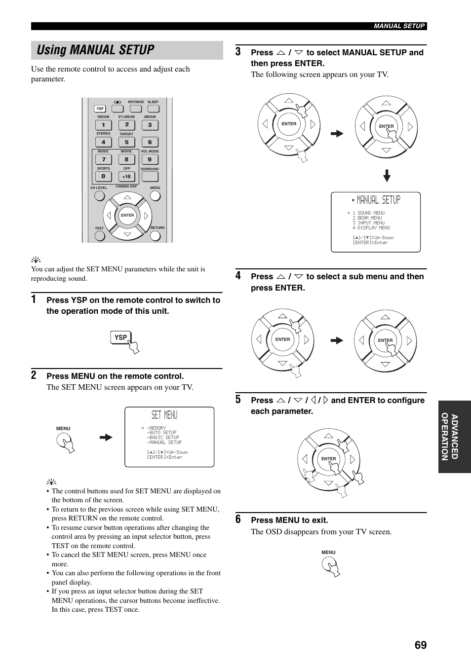 Using manual setup, Set menu, Manual setup | Press / to select a sub menu and then press enter, Press / / / and enter to configure each parameter | Yamaha YSP-1000 User Manual | Page 73 / 106