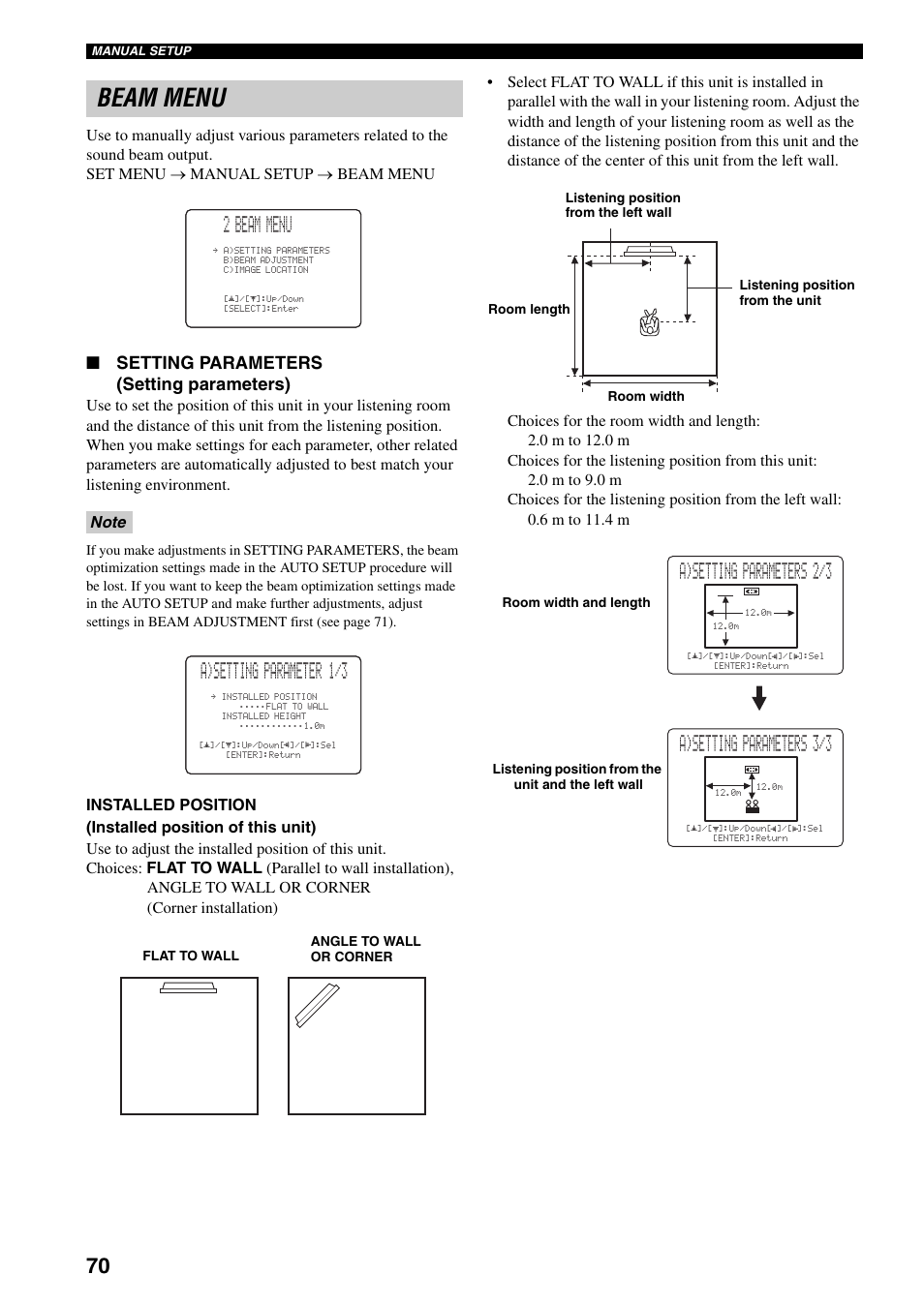 Beam menu, 2 beam menu, A)setting parameter 1/3 | A)setting parameters 2/3, A)setting parameters 3/3, Setting parameters (setting parameters) | Yamaha YSP-1000 User Manual | Page 74 / 106