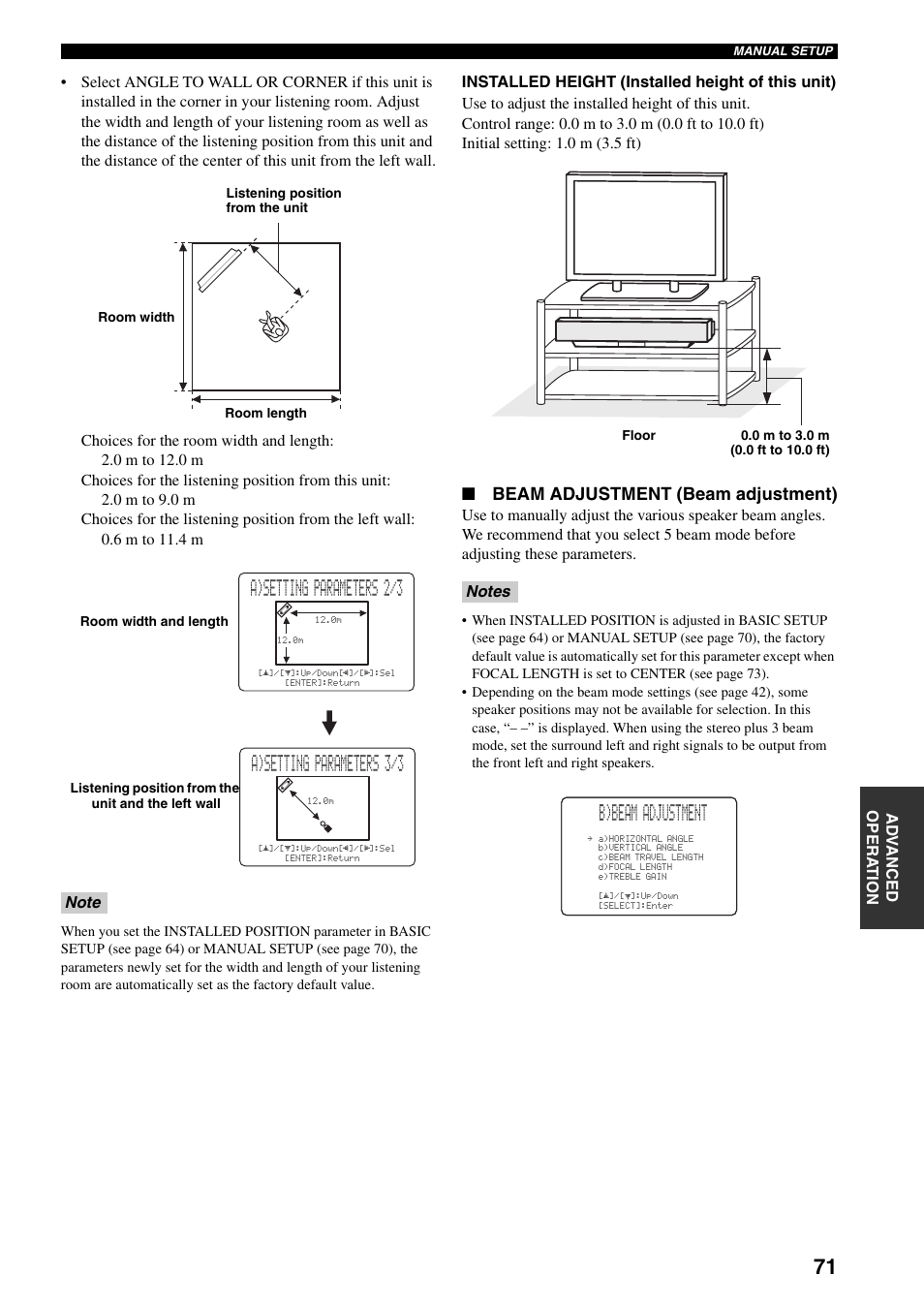 A)setting parameters 2/3, A)setting parameters 3/3, B)beam adjustment | Beam adjustment (beam adjustment) | Yamaha YSP-1000 User Manual | Page 75 / 106