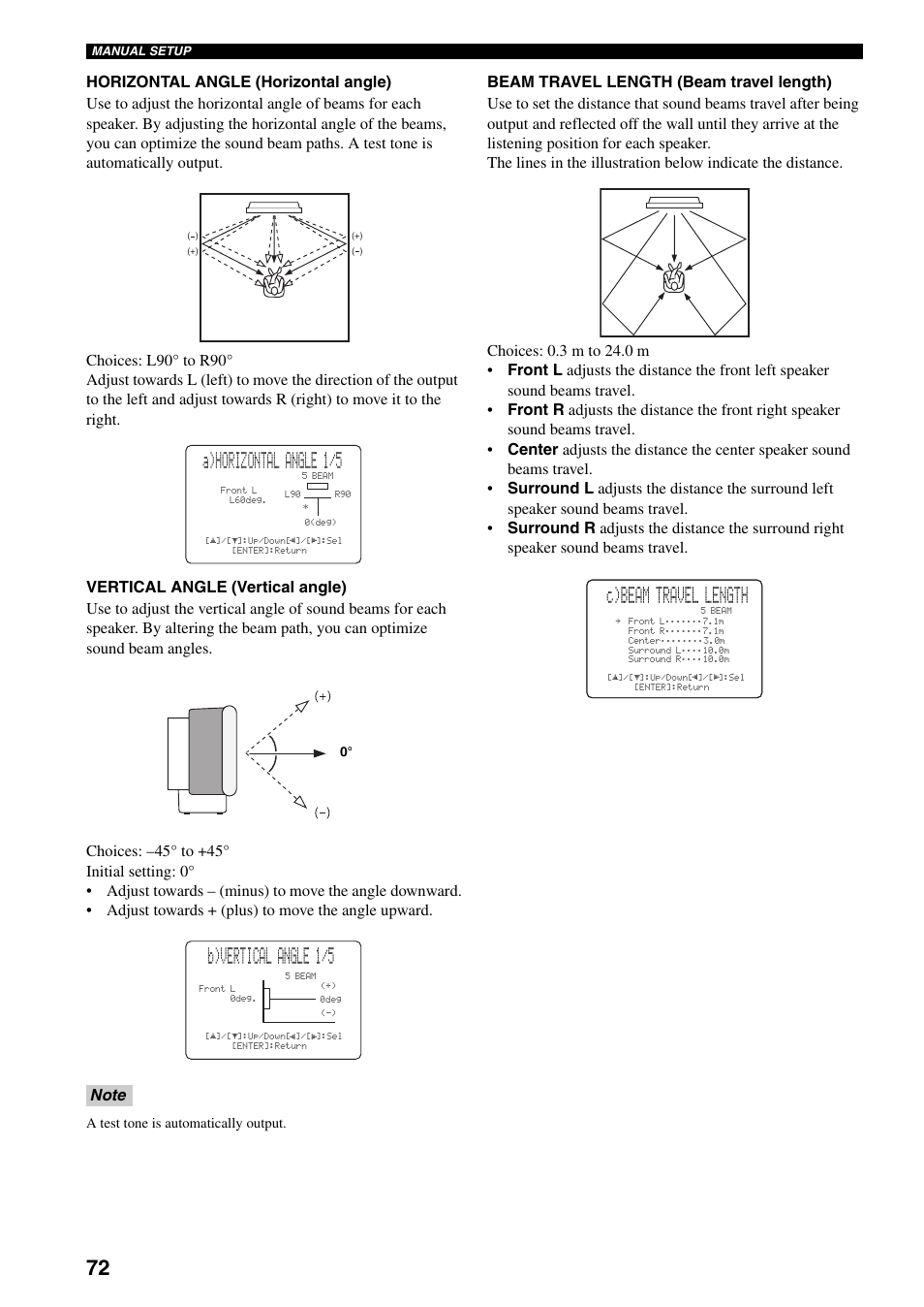 A)horizontal angle 1/5, B)vertical angle 1/5, C)beam travel length | Yamaha YSP-1000 User Manual | Page 76 / 106