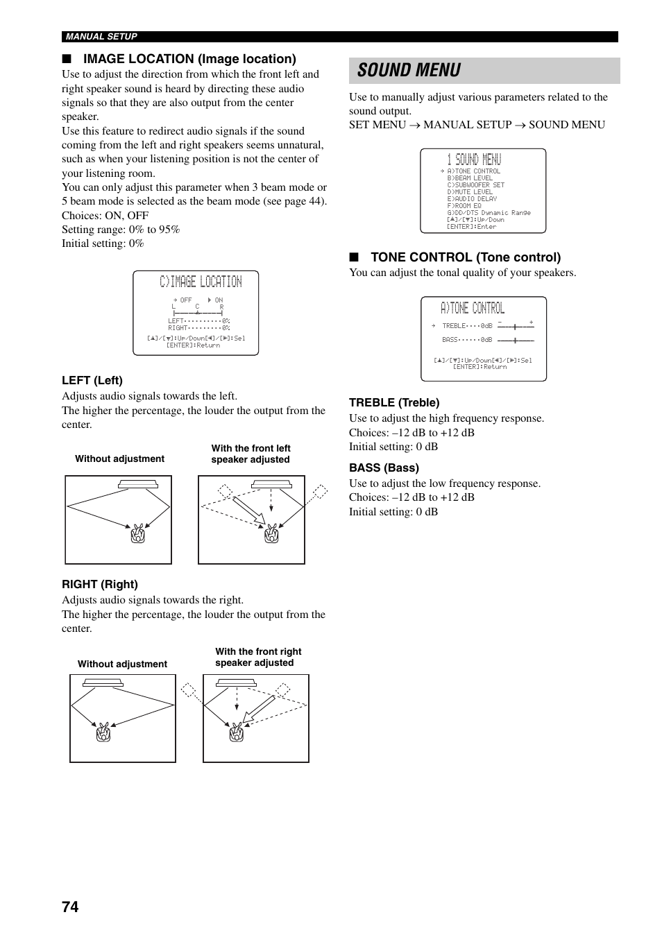 Sound menu, C)image location, 1 sound menu | A)tone control, Image location (image location), Tone control (tone control) | Yamaha YSP-1000 User Manual | Page 78 / 106