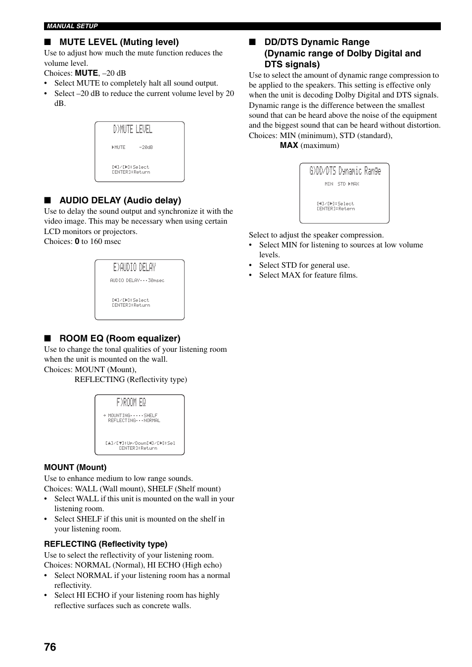 D)mute level, E)audio delay, F)room eq | G)dd/dts dynamic range, Mute level (muting level), Audio delay (audio delay), Room eq (room equalizer) | Yamaha YSP-1000 User Manual | Page 80 / 106