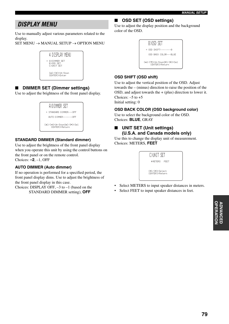 Display menu, 4 display menu, A)dimmer set | B)osd set, C)unit set, Dimmer set (dimmer settings), Osd set (osd settings) | Yamaha YSP-1000 User Manual | Page 83 / 106