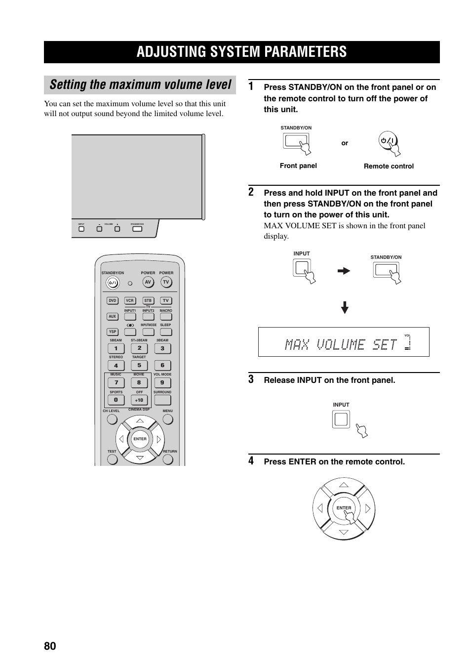 Adjusting system parameters, Setting the maximum volume level, Max volume set | Release input on the front panel, Press enter on the remote control | Yamaha YSP-1000 User Manual | Page 84 / 106