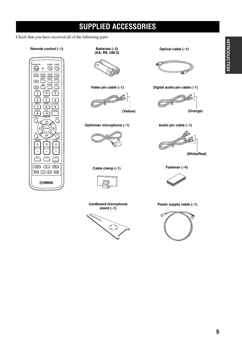 Supplied accessories | Yamaha YSP-1000 User Manual | Page 9 / 106