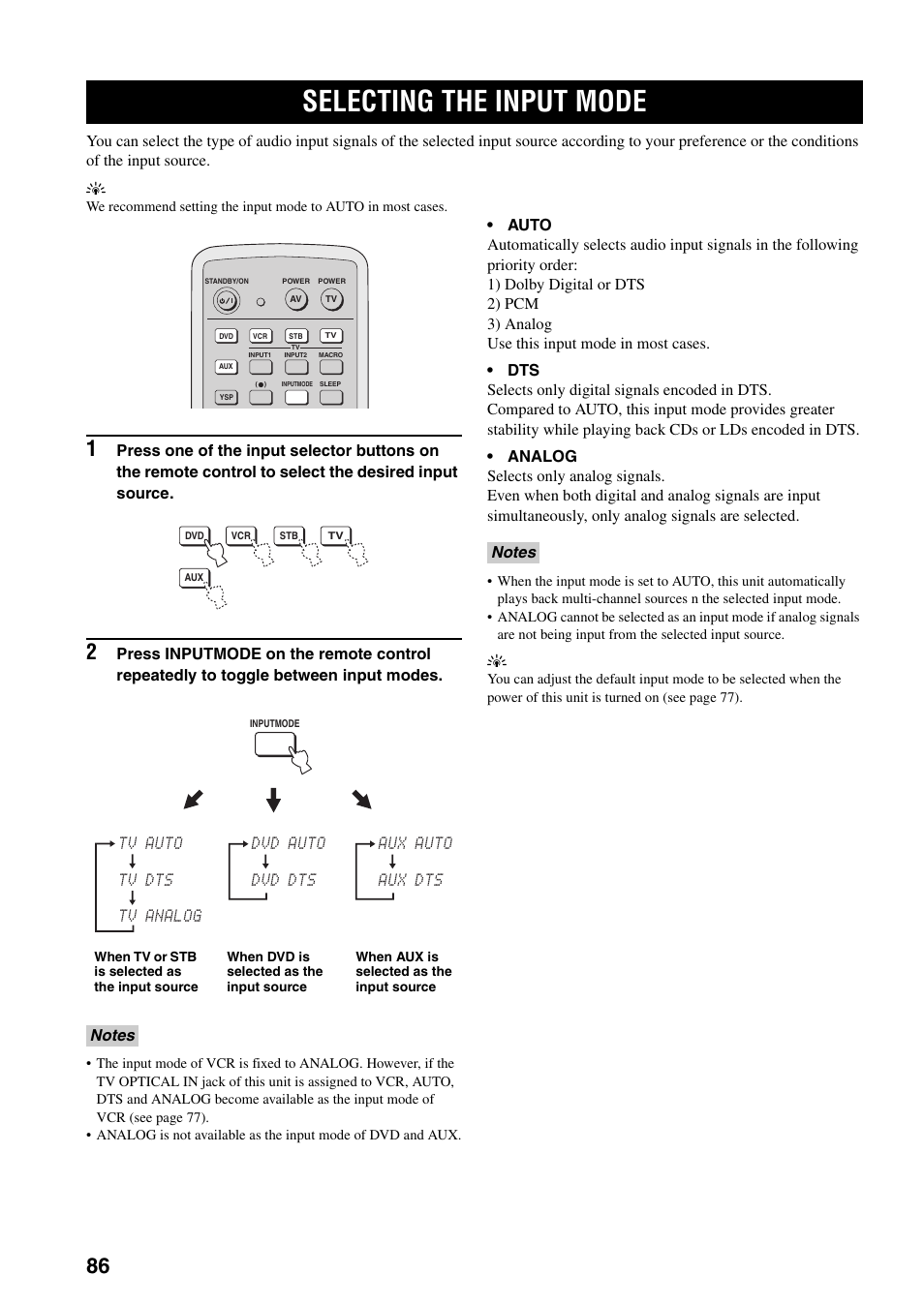 Selecting the input mode | Yamaha YSP-1000 User Manual | Page 90 / 106