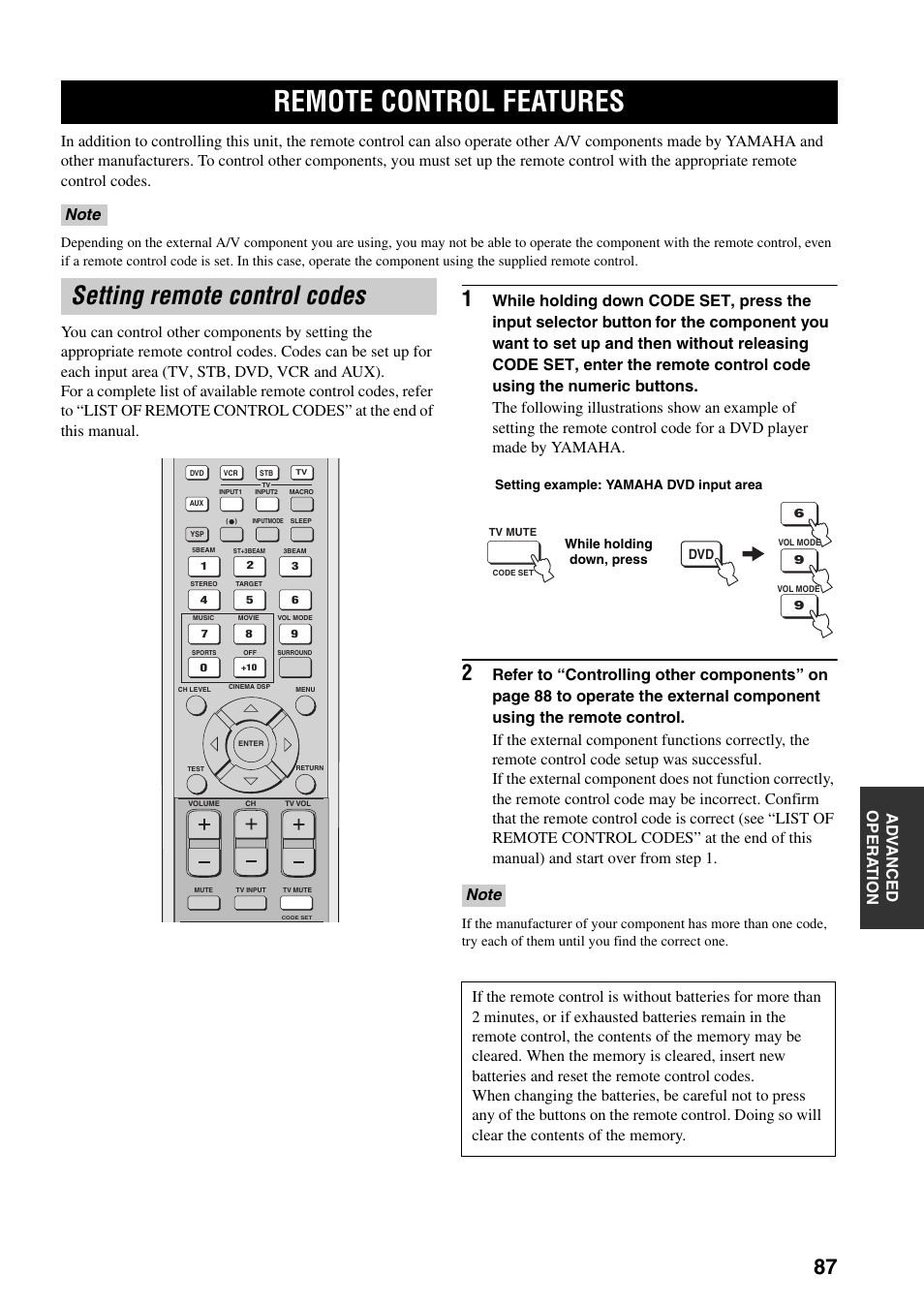 Remote control features, Setting remote control codes | Yamaha YSP-1000 User Manual | Page 91 / 106