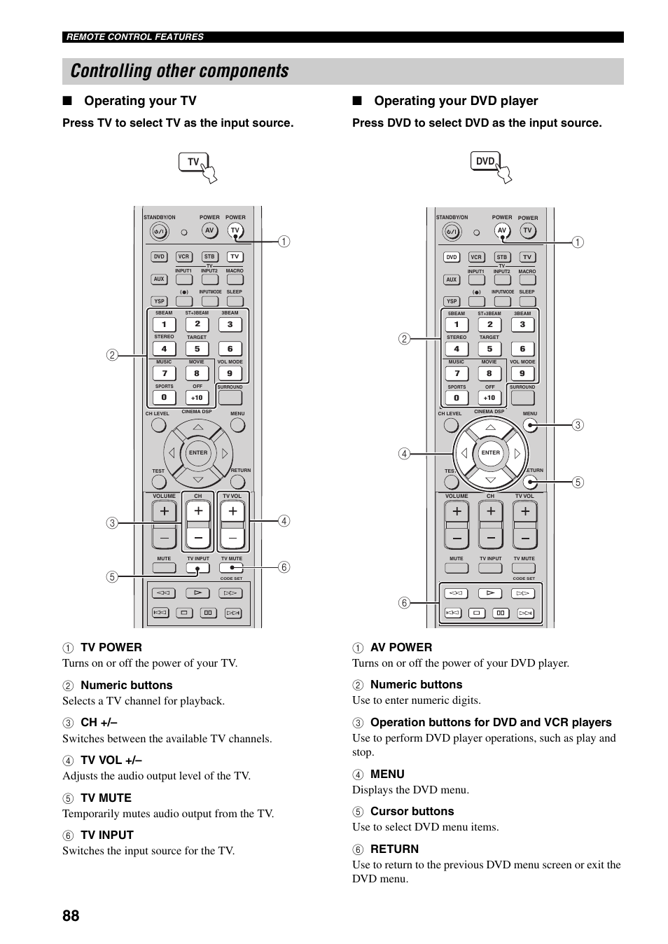 Controlling other components, Operating your tv, Operating your dvd player | Yamaha YSP-1000 User Manual | Page 92 / 106