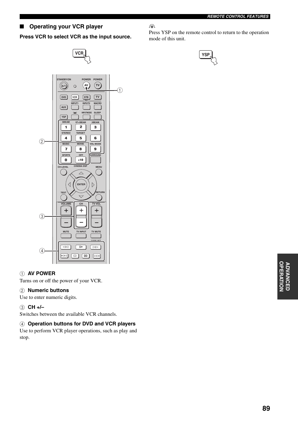 Operating your vcr player, Ad v anc ed opera t ion | Yamaha YSP-1000 User Manual | Page 93 / 106