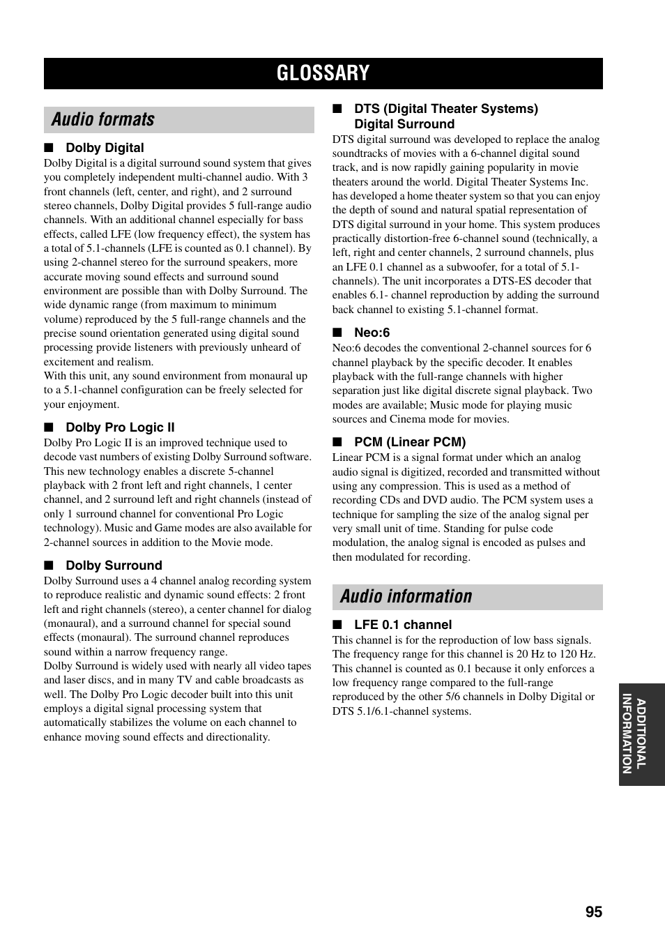 Glossary, Audio formats, Audio information | Audio formats audio information | Yamaha YSP-1000 User Manual | Page 99 / 106