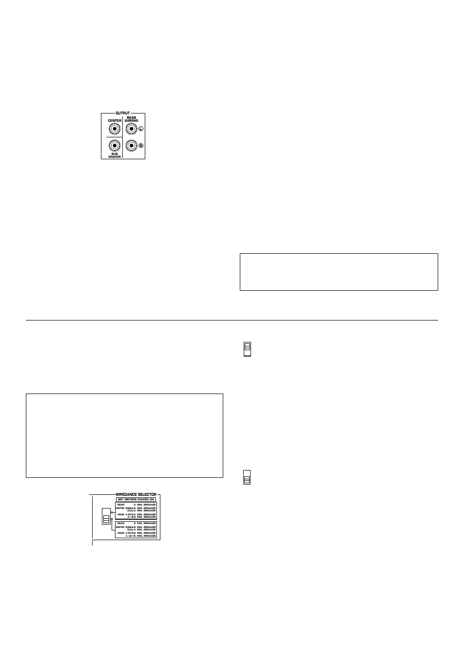 Impedance selector switch, Center output terminal, Subwoofer output terminal | Rear (surround) output terminals | Yamaha RX-V393RDS User Manual | Page 14 / 46