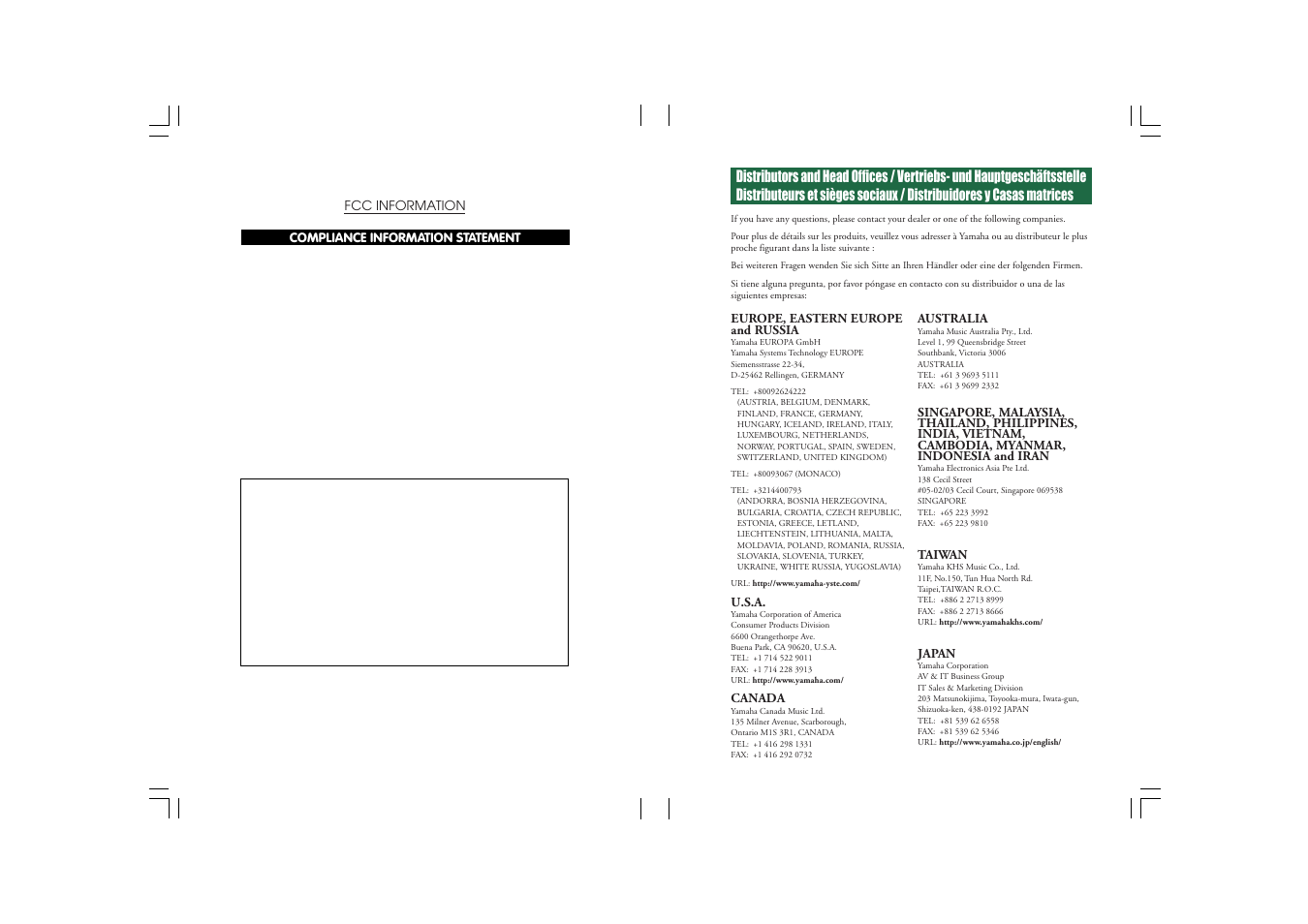 Europe, eastern europe and russia, U.s.a, Canada | Australia, Taiwan, Japan, Compliance information statement, Fcc information | Yamaha CD REWRITABLE DRIVE CRW8824S-NB User Manual | Page 2 / 51