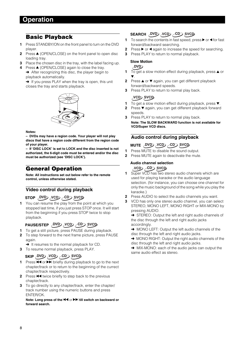Operation, Basic playback, General operation | Video control during playback, Audio control during playback | Yamaha DVD-E600 User Manual | Page 10 / 27