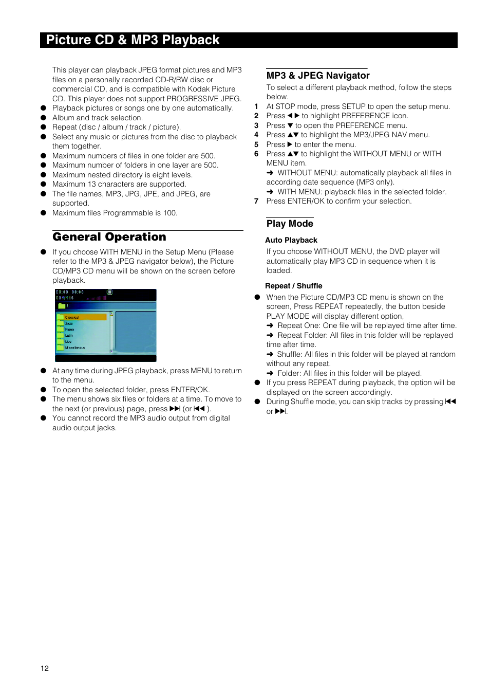 Picture cd & mp3 playback, General operation, Mp3 & jpeg navigator | Play mode | Yamaha DVD-E600 User Manual | Page 14 / 27