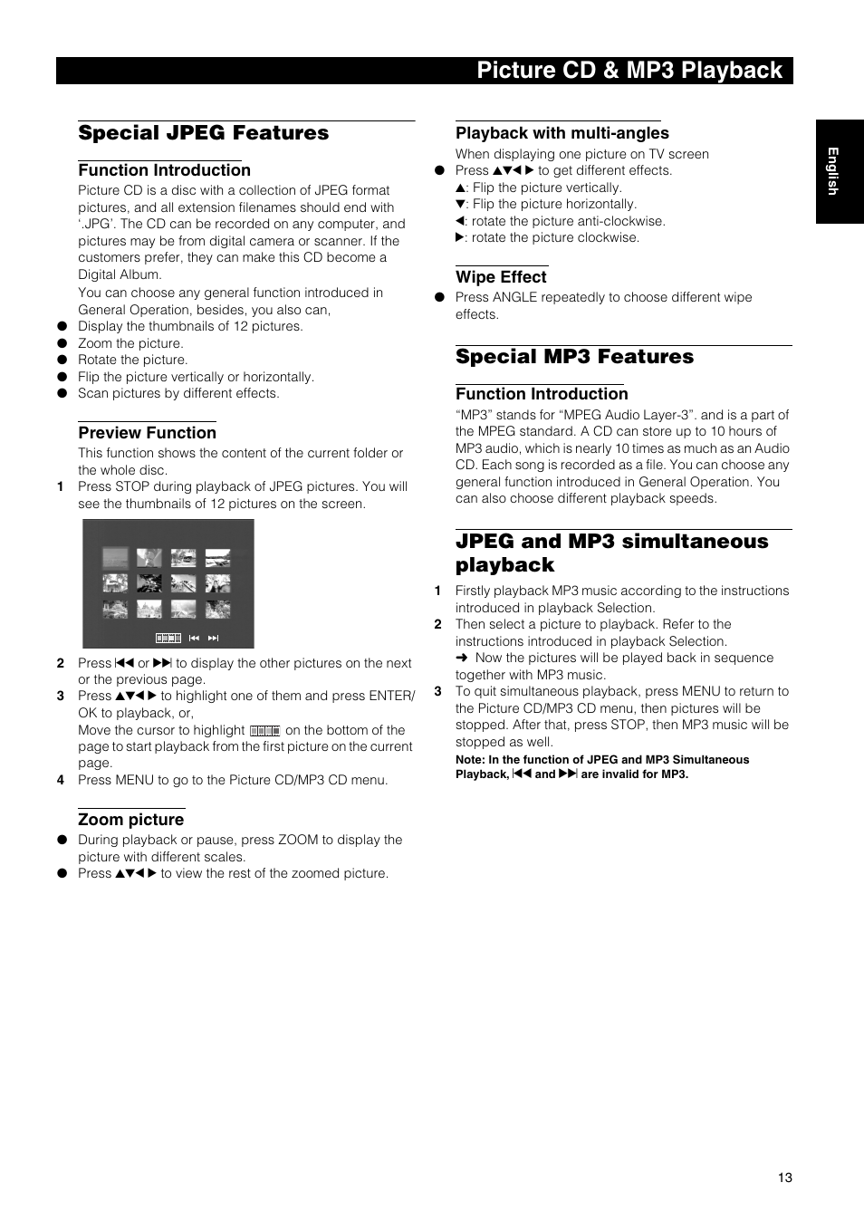Picture cd & mp3 playback, Special jpeg features, Special mp3 features | Jpeg and mp3 simultaneous playback | Yamaha DVD-E600 User Manual | Page 15 / 27