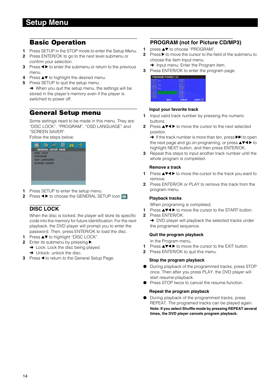 Setup menu, Basic operation, General setup menu | Disc lock, Program (not for picture cd/mp3) | Yamaha DVD-E600 User Manual | Page 16 / 27