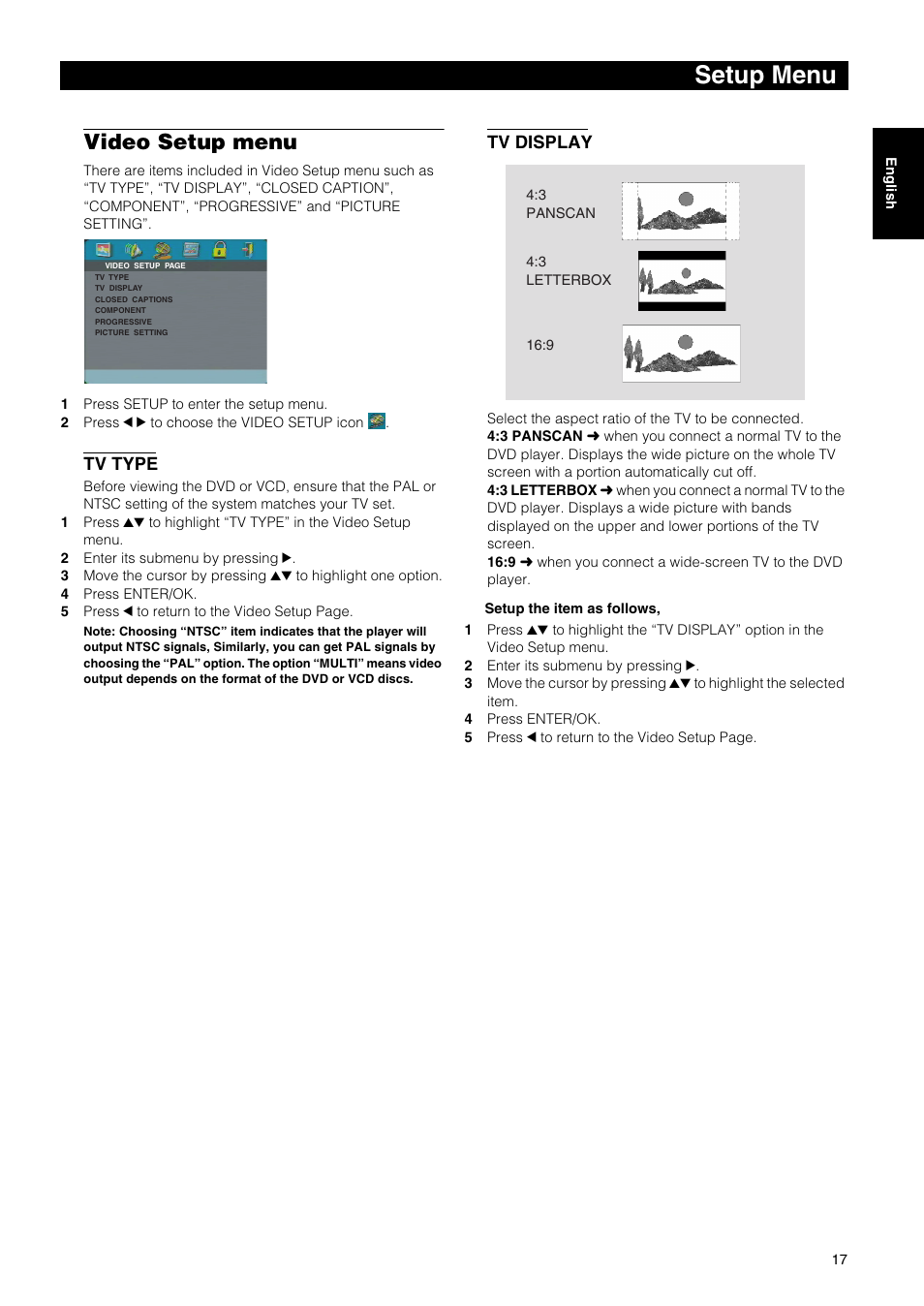 Setup menu, Video setup menu, Tv type | Tv display | Yamaha DVD-E600 User Manual | Page 19 / 27