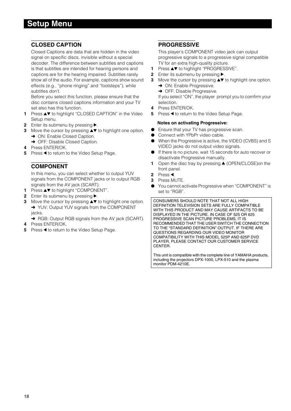 Setup menu, Closed caption, Component | Progressive | Yamaha DVD-E600 User Manual | Page 20 / 27