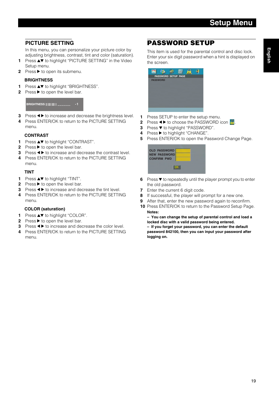 Setup menu, Password setup, Picture setting | Yamaha DVD-E600 User Manual | Page 21 / 27