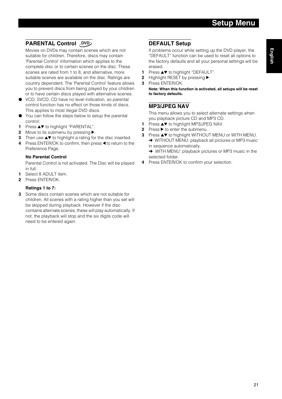 Setup menu, Parental control, Default setup | Mp3/jpeg nav | Yamaha DVD-E600 User Manual | Page 23 / 27