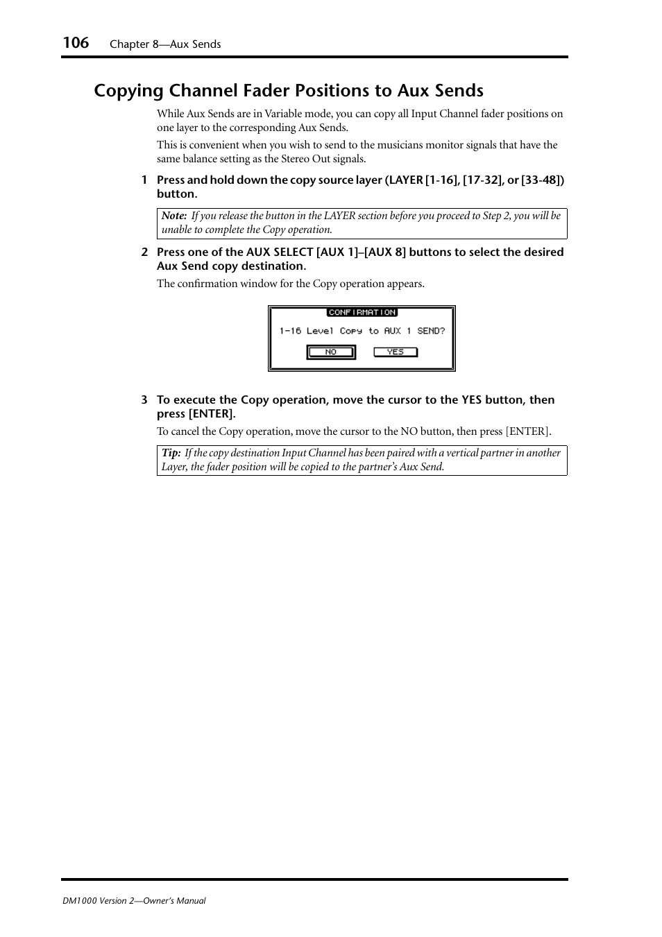 Copying channel fader positions to aux sends | Yamaha 006IPTO-F0 User Manual | Page 106 / 388
