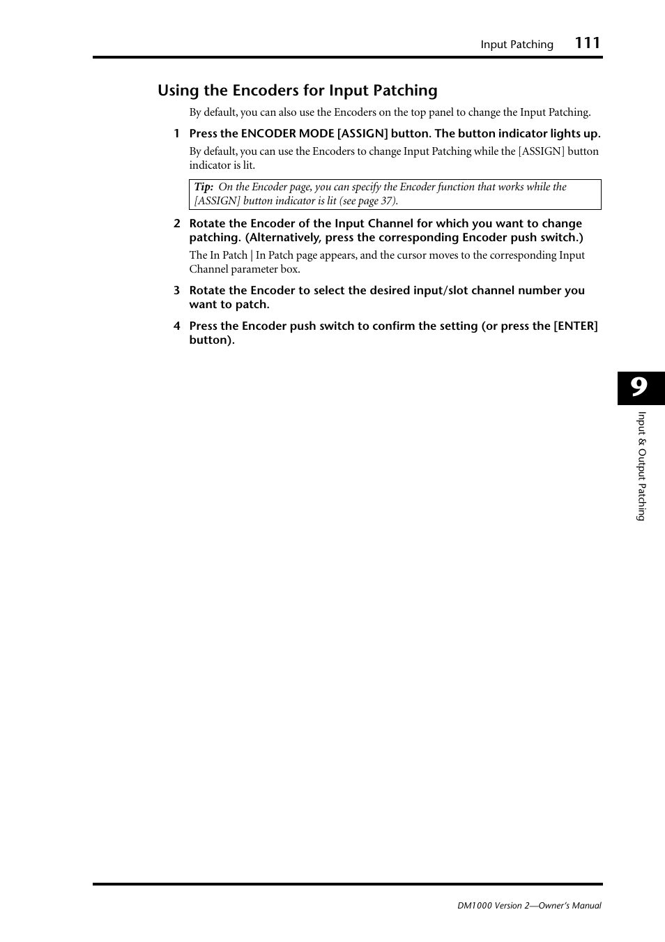 Using the encoders for input patching | Yamaha 006IPTO-F0 User Manual | Page 111 / 388