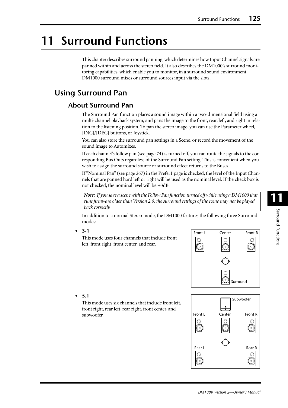 11 surround functions, Using surround pan, 11 11 surround functions | About surround pan | Yamaha 006IPTO-F0 User Manual | Page 125 / 388