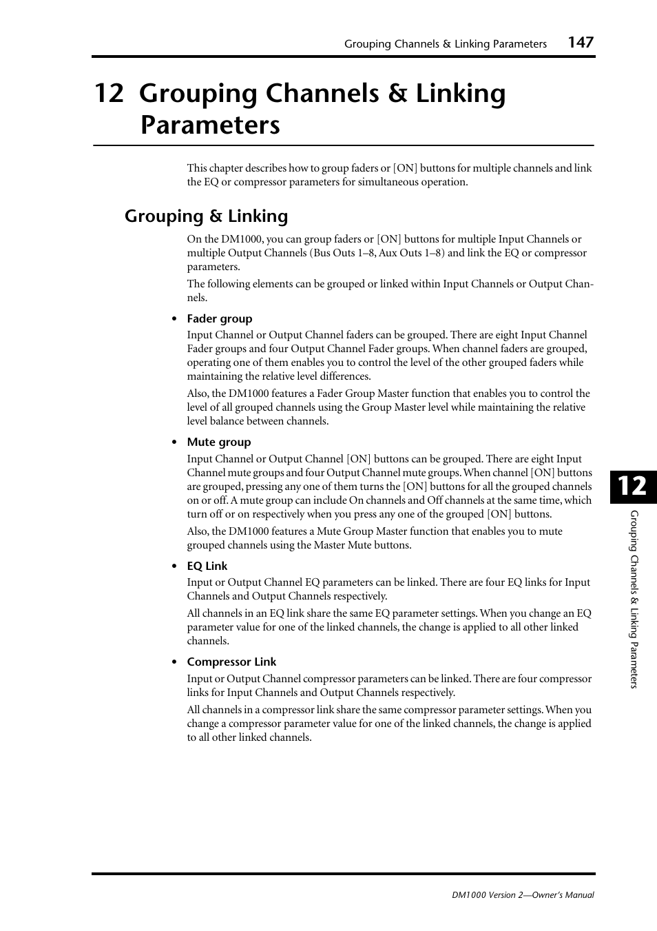12 grouping channels & linking parameters, Grouping & linking, 12 12 grouping channels & linking parameters | Yamaha 006IPTO-F0 User Manual | Page 147 / 388