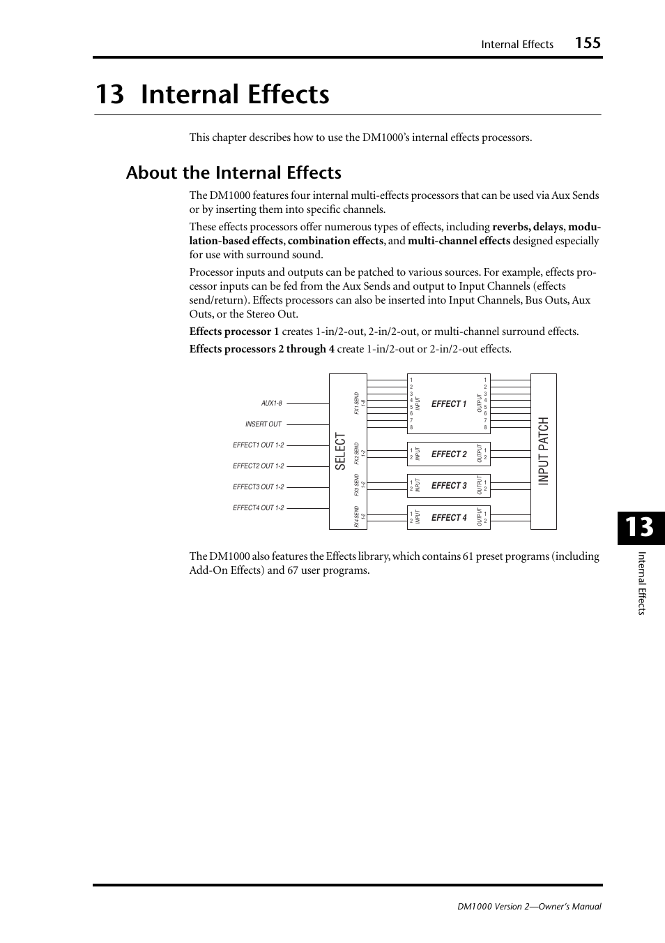 13 internal effects, About the internal effects, 13 13 internal effects | Input p a tch, Select, Internal effects | Yamaha 006IPTO-F0 User Manual | Page 155 / 388