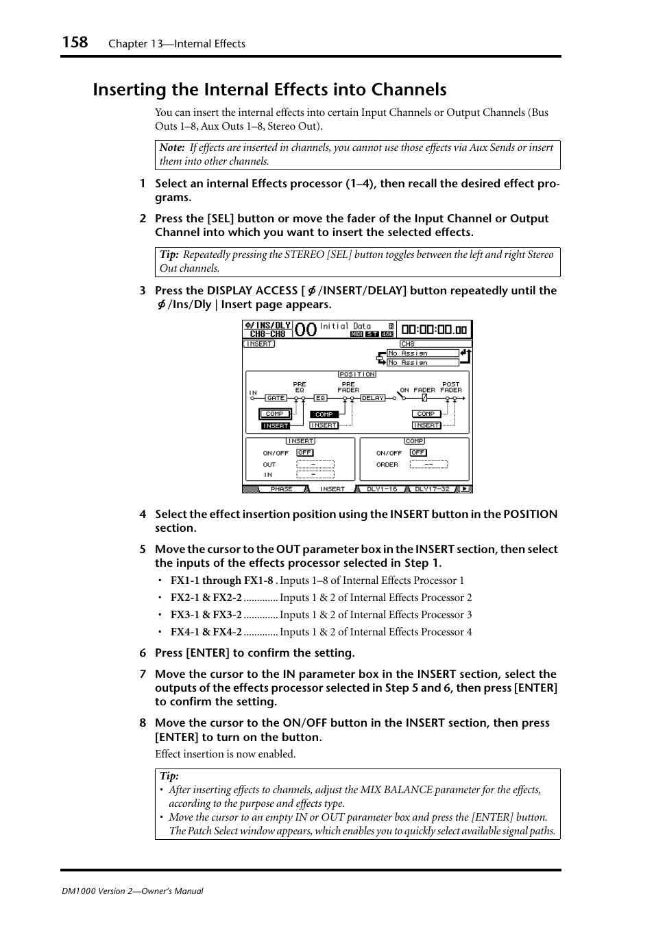 Inserting the internal effects into channels | Yamaha 006IPTO-F0 User Manual | Page 158 / 388