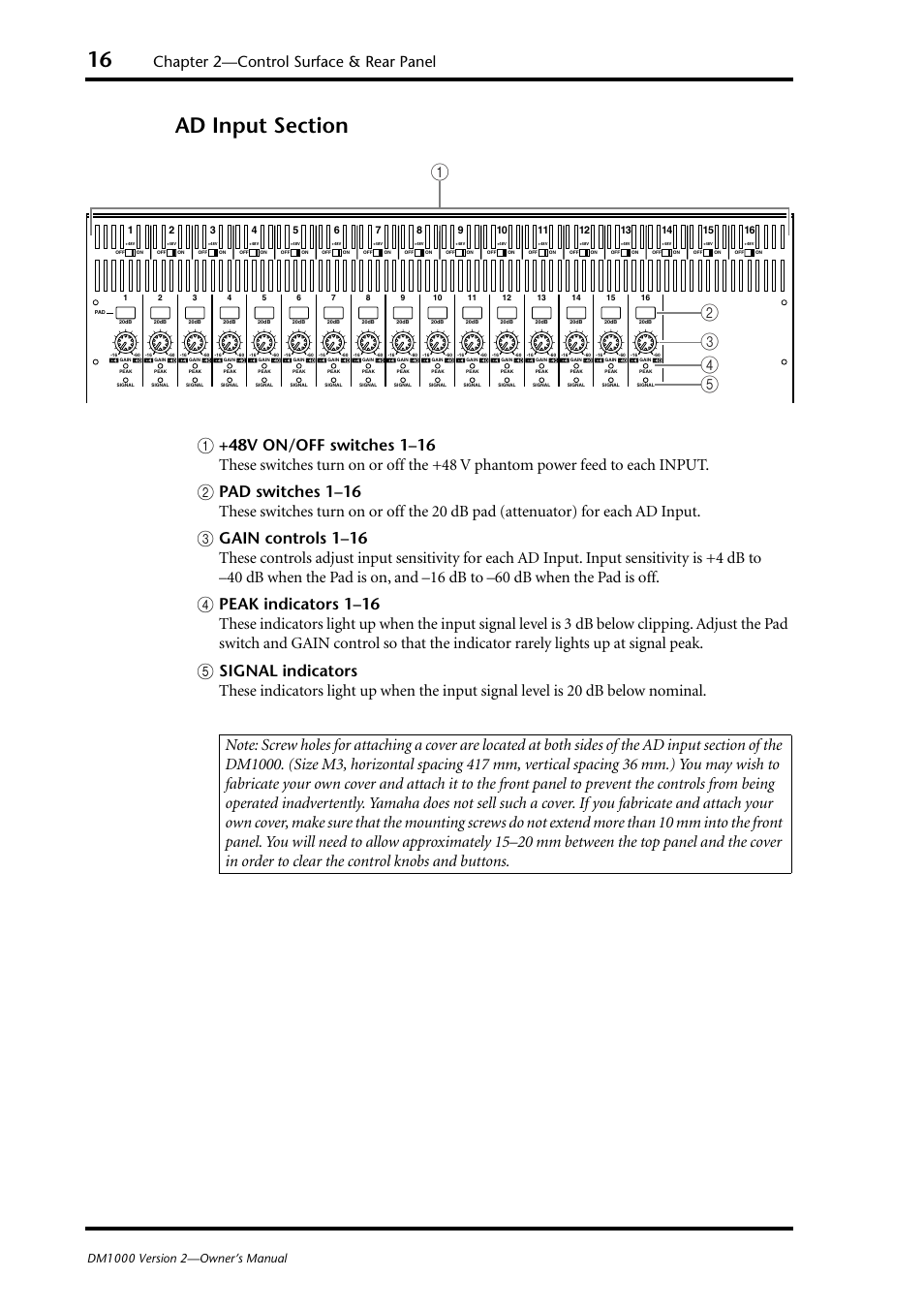 Ad input section (p. 16), Chapter 2—control surface & rear panel, Pad switches 1–16 | Gain controls 1–16, Peak indicators 1–16, Signal indicators | Yamaha 006IPTO-F0 User Manual | Page 16 / 388
