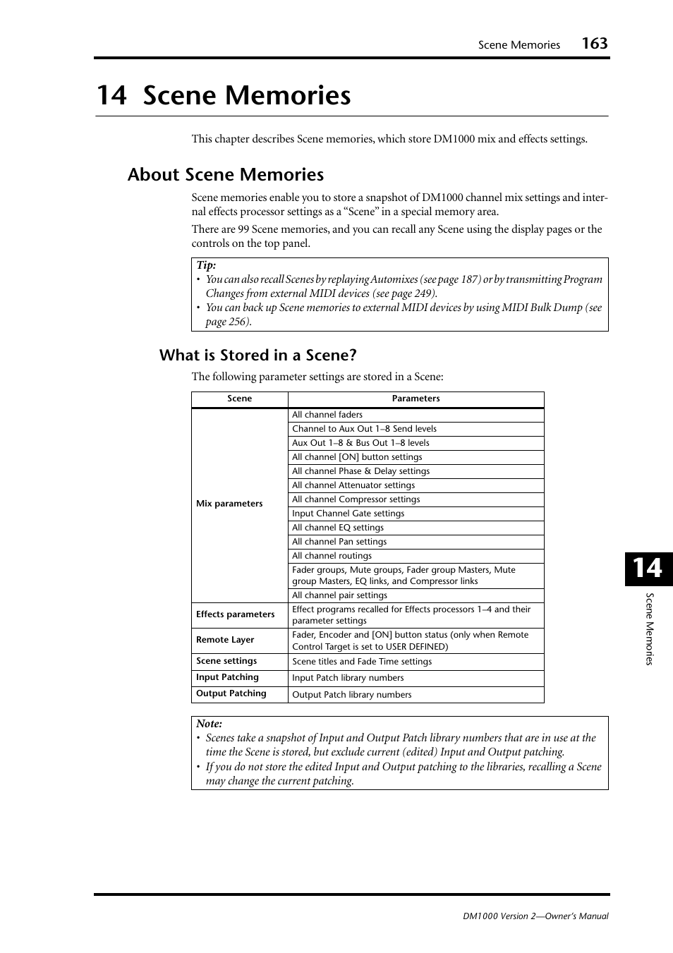 14 scene memories, About scene memories, What is stored in a scene | Yamaha 006IPTO-F0 User Manual | Page 163 / 388