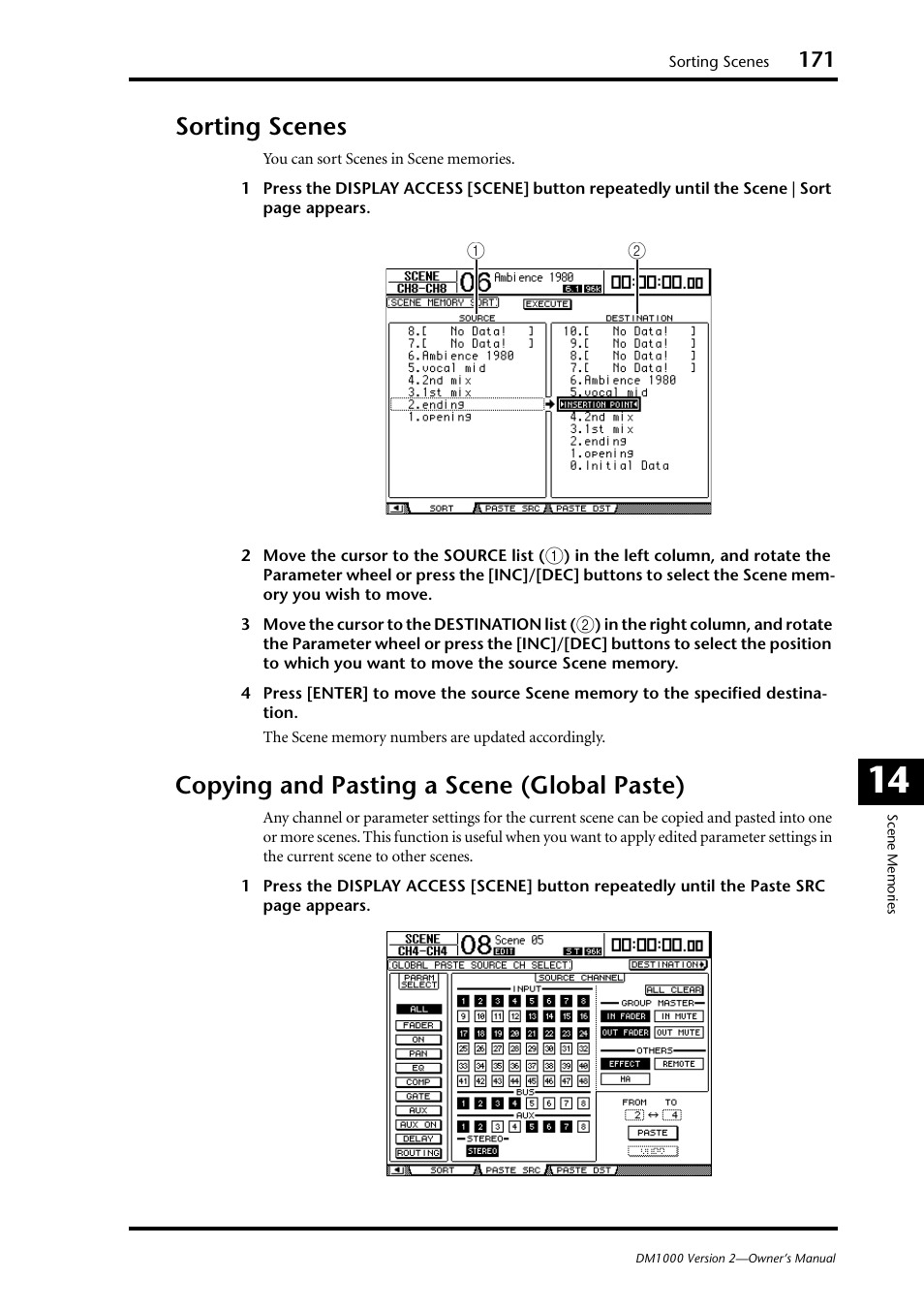 Sorting scenes, Copying and pasting a scene (global paste) | Yamaha 006IPTO-F0 User Manual | Page 171 / 388