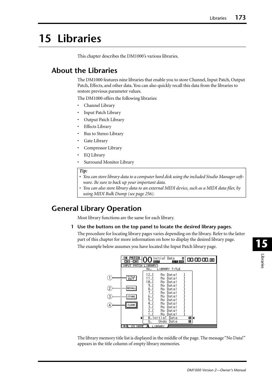 15 libraries, About the libraries, General library operation | About the libraries general library operation, Fer to chapter 15 “librar, 15 15 libraries | Yamaha 006IPTO-F0 User Manual | Page 173 / 388