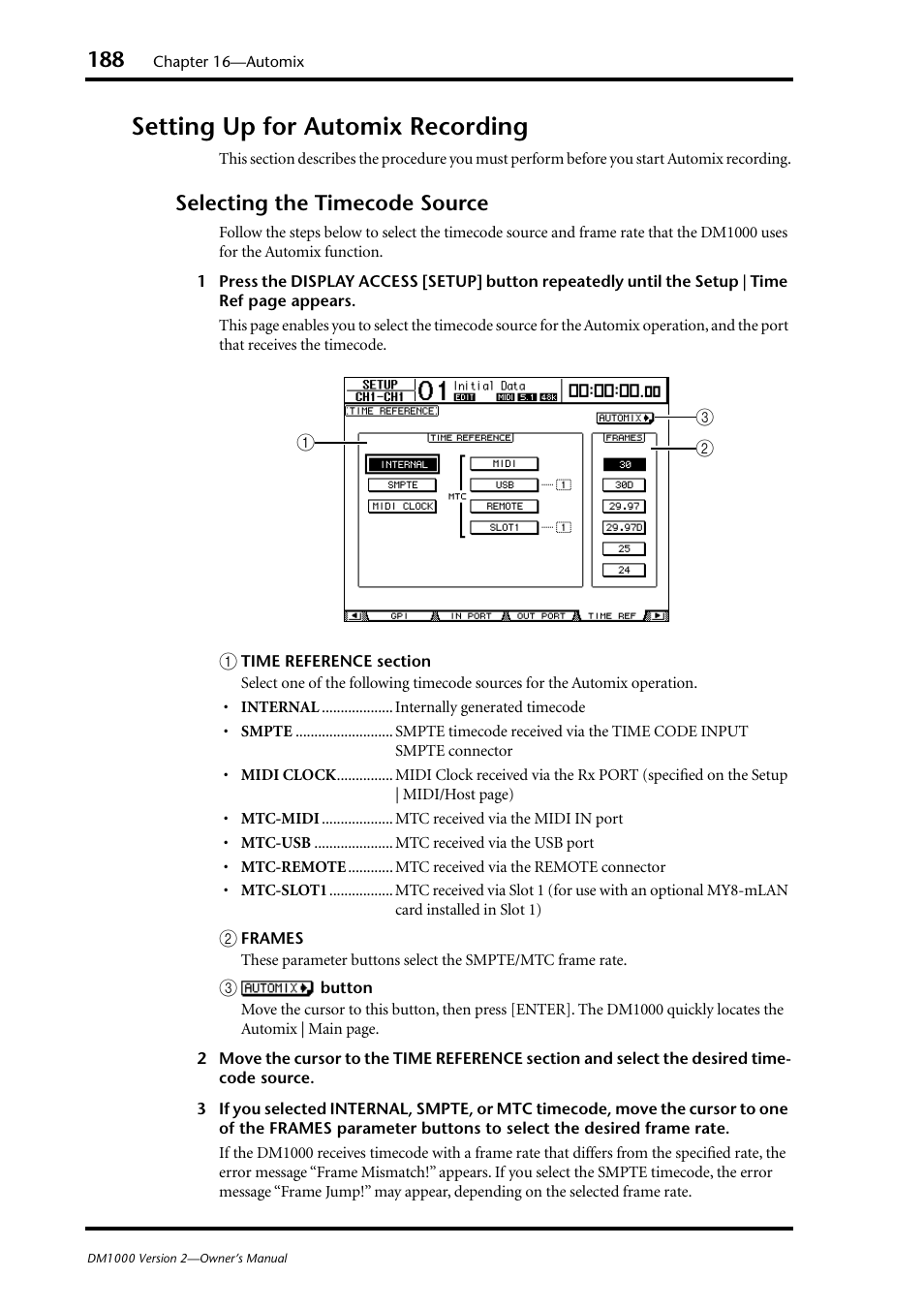 Setting up for automix recording, Selecting the timecode source | Yamaha 006IPTO-F0 User Manual | Page 188 / 388