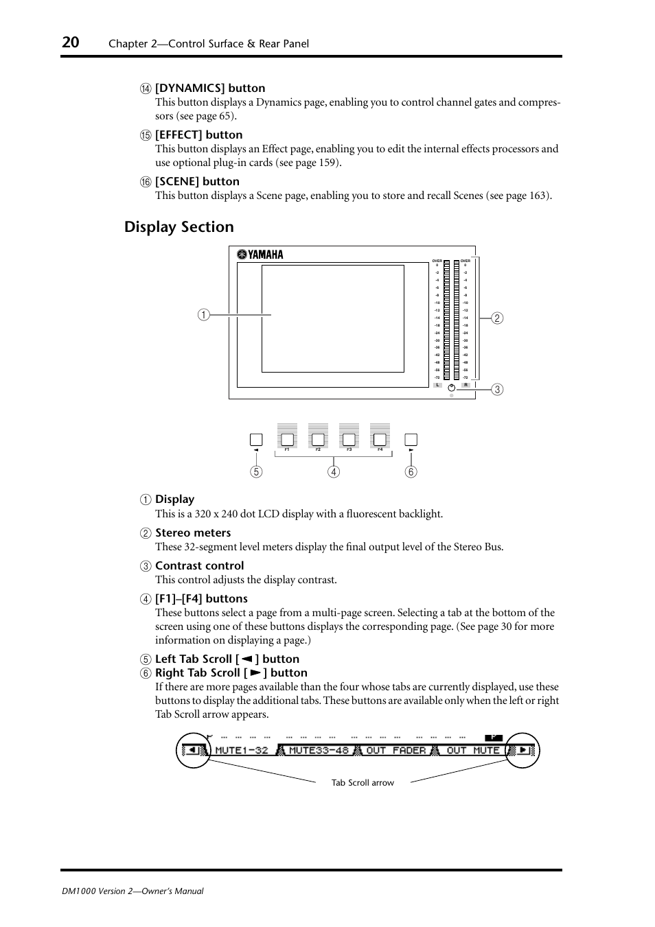 Display section (p. 20), Chapter 2—control surface & rear panel, Left tab scroll [ ] button | Yamaha 006IPTO-F0 User Manual | Page 20 / 388