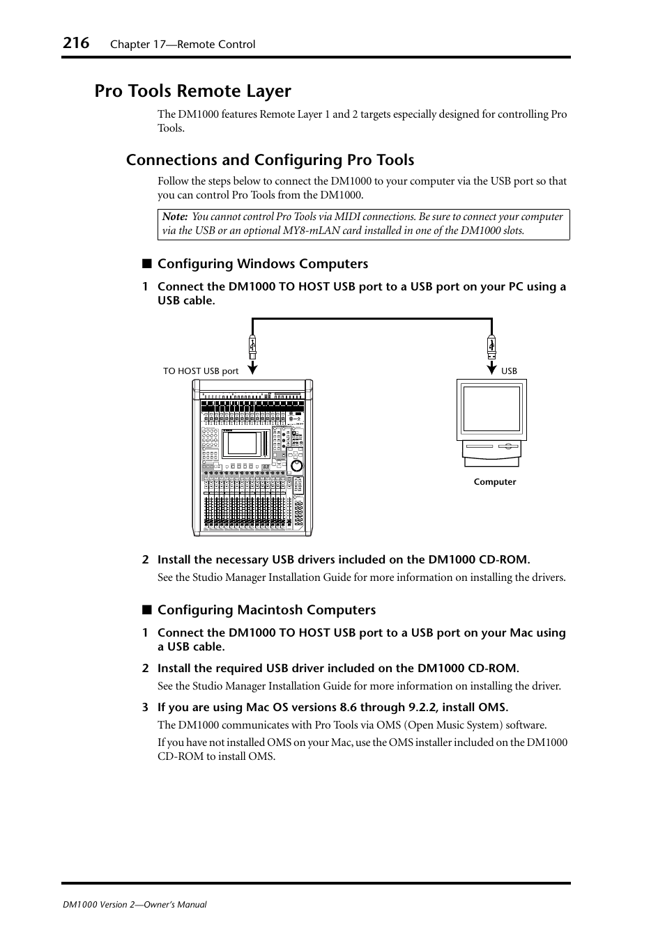 Pro tools remote layer, Connections and configuring pro tools, Configuring windows computers | Configuring macintosh computers | Yamaha 006IPTO-F0 User Manual | Page 216 / 388