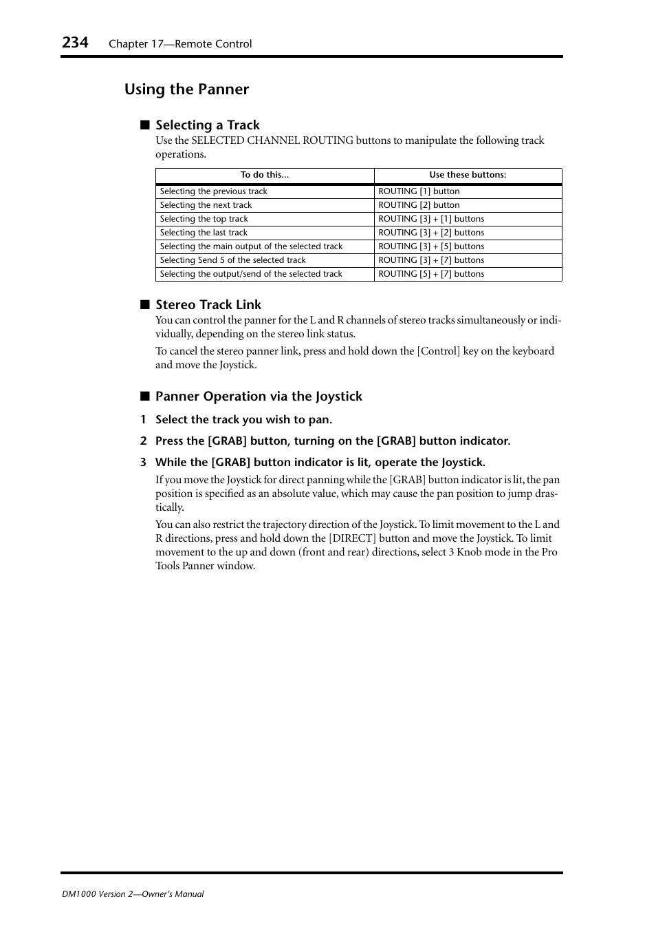 Using the panner, Selecting a track, Stereo track link | Panner operation via the joystick | Yamaha 006IPTO-F0 User Manual | Page 234 / 388