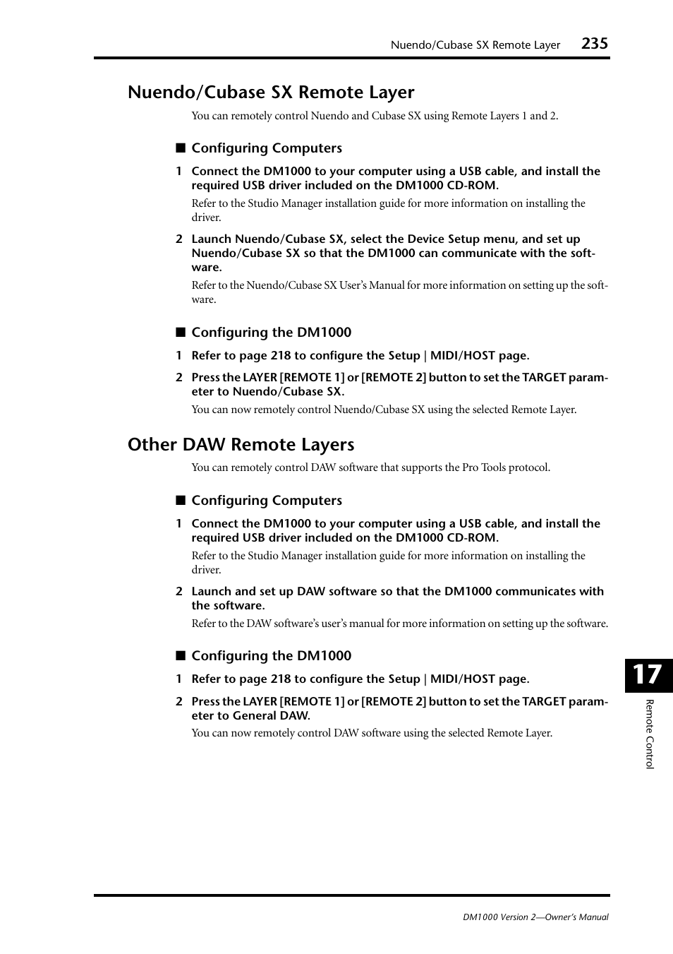 Nuendo/cubase sx remote layer, Other daw remote layers | Yamaha 006IPTO-F0 User Manual | Page 235 / 388