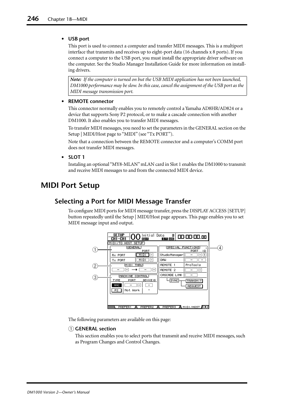 Midi port setup, Selecting a port for midi message transfer | Yamaha 006IPTO-F0 User Manual | Page 246 / 388