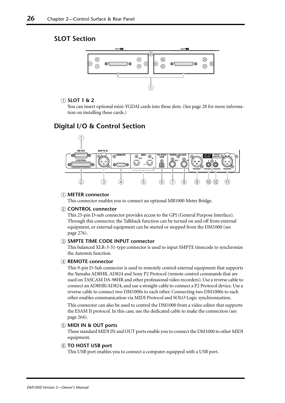 Digital i/o & control section (p. 26), Slot section (p. 26), Chapter 2—control surface & rear panel | Yamaha 006IPTO-F0 User Manual | Page 26 / 388