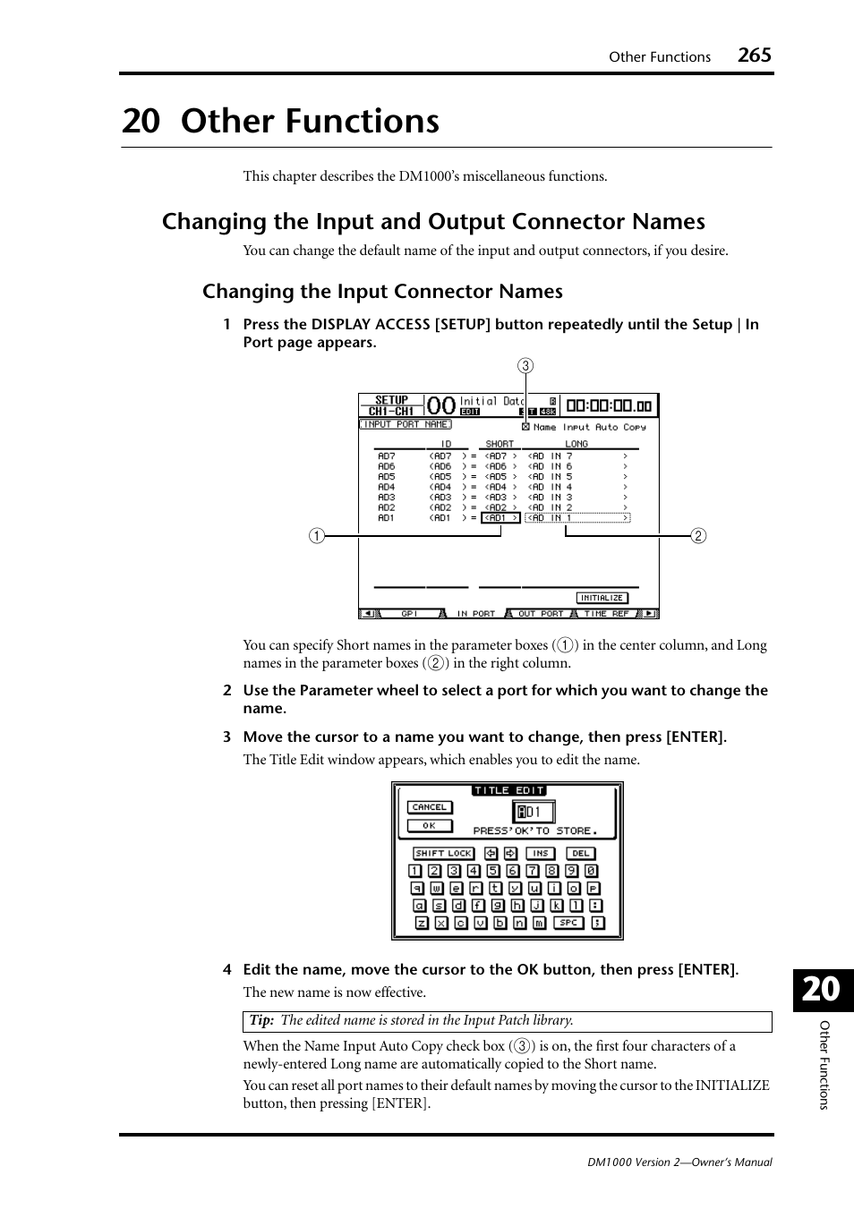 20 other functions, Changing the input and output connector names, 79 and 265 | 20 20 other functions, Changing the input connector names | Yamaha 006IPTO-F0 User Manual | Page 265 / 388