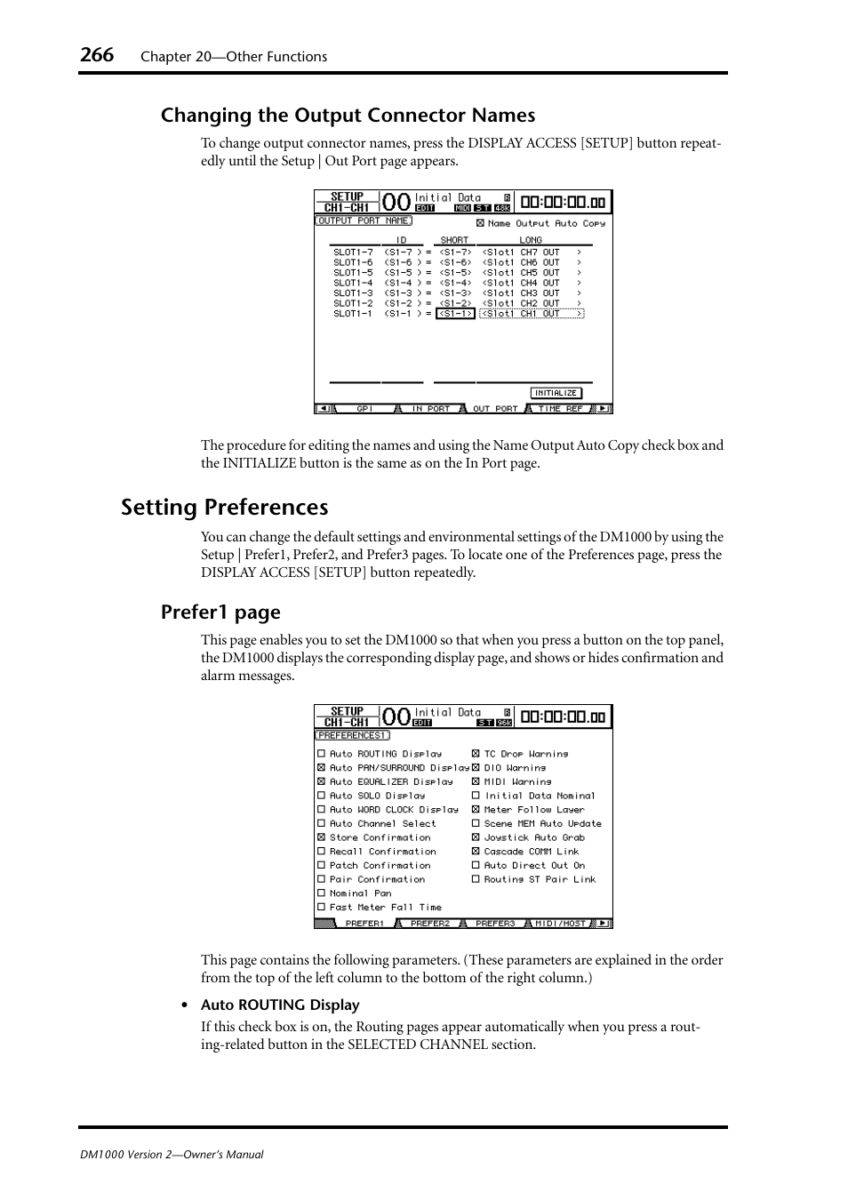 Setting preferences, Changing the output connector names, Prefer1 page | Yamaha 006IPTO-F0 User Manual | Page 266 / 388