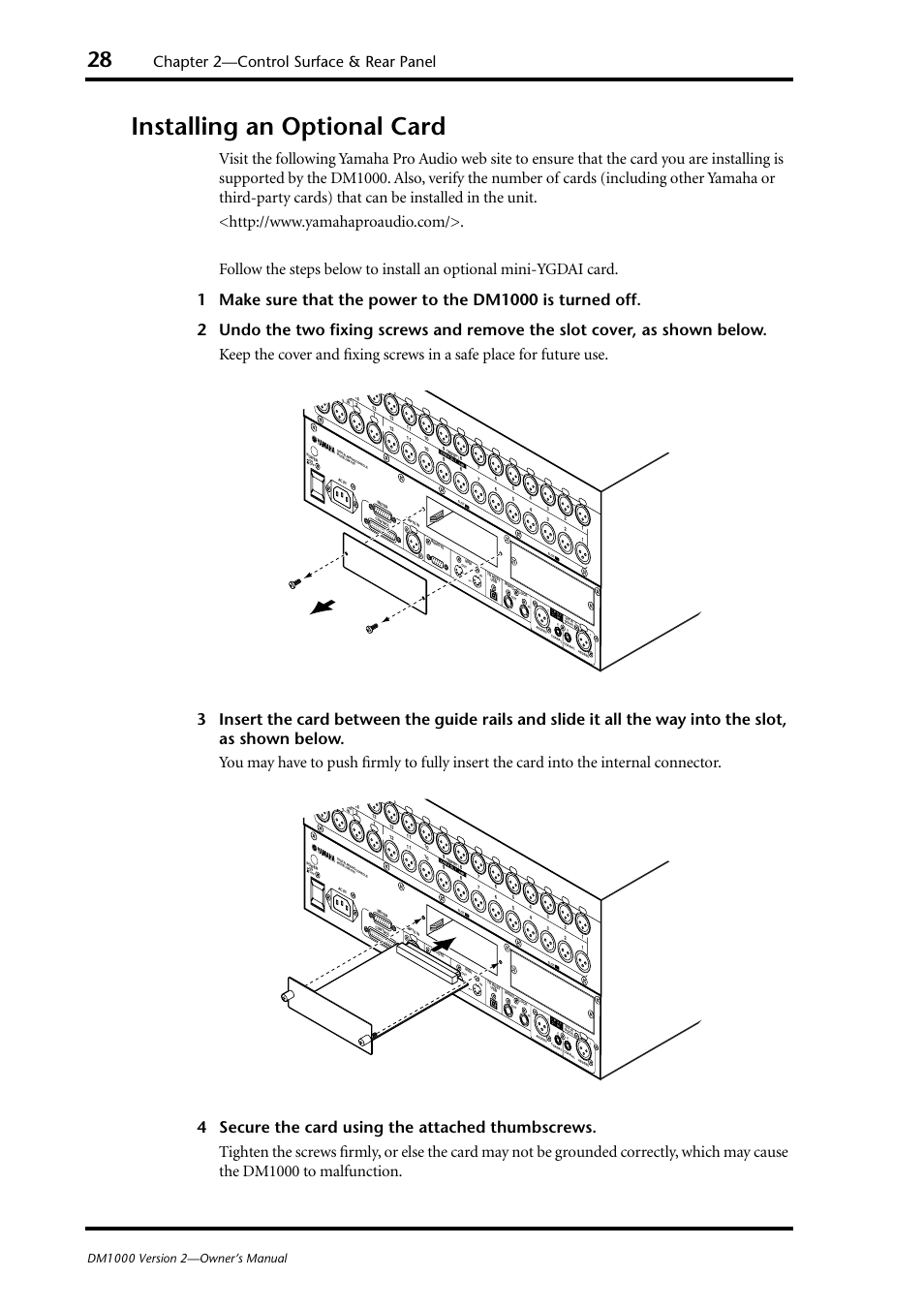 Installing an optional card, Chapter 2—control surface & rear panel | Yamaha 006IPTO-F0 User Manual | Page 28 / 388