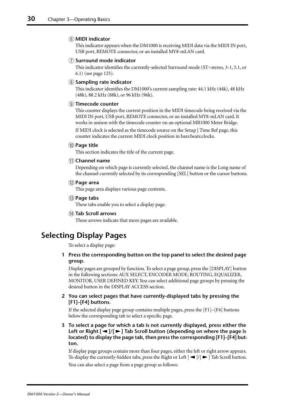 Tab scroll arrows, Channel name, Midi indicator | Surround mode indicator, Sampling rate indicator, Timecode counter, Selecting display pages | Yamaha 006IPTO-F0 User Manual | Page 30 / 388