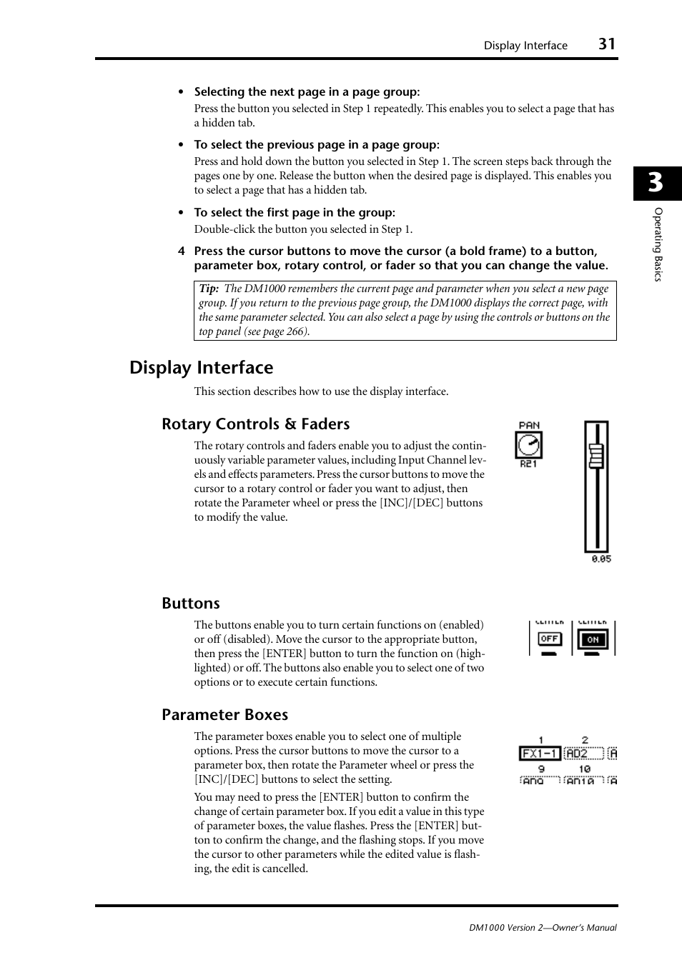 Display interface, Rotary controls & faders, Buttons | Parameter boxes | Yamaha 006IPTO-F0 User Manual | Page 31 / 388