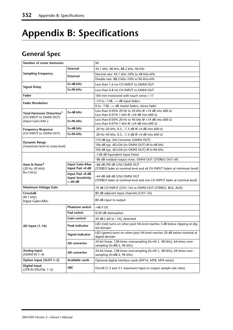 Appendix b: specifications, General spec | Yamaha 006IPTO-F0 User Manual | Page 332 / 388