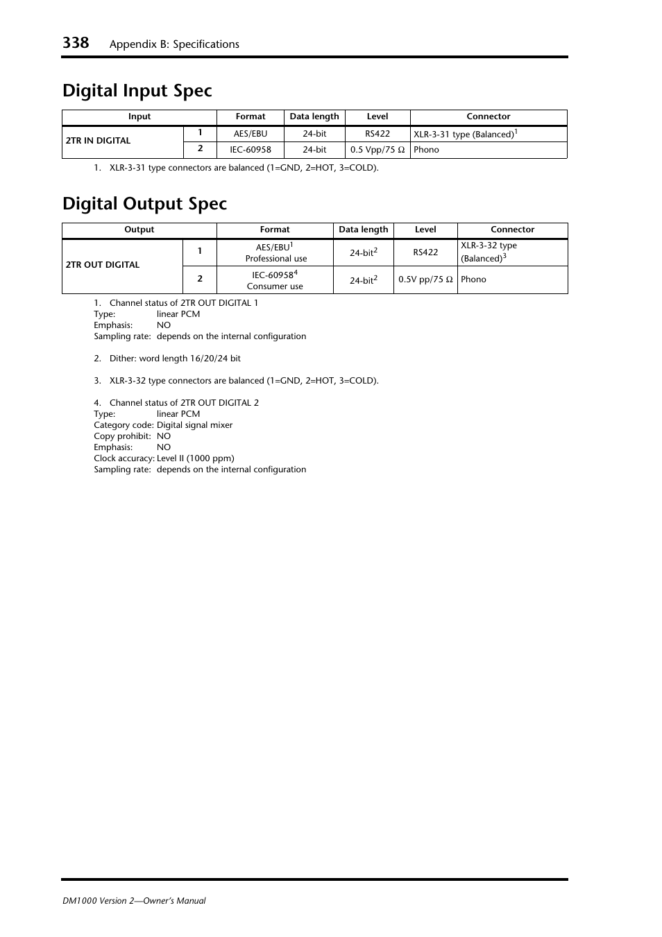 Digital input spec, Digital output spec, Digital input spec digital output spec | Appendix b: specifications | Yamaha 006IPTO-F0 User Manual | Page 338 / 388